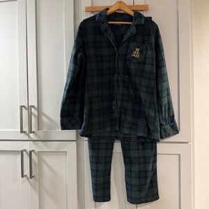 Lauren Ralph Lauren Womens Blue Green Plaid Fleece Pajama Set Medium Crest Logo